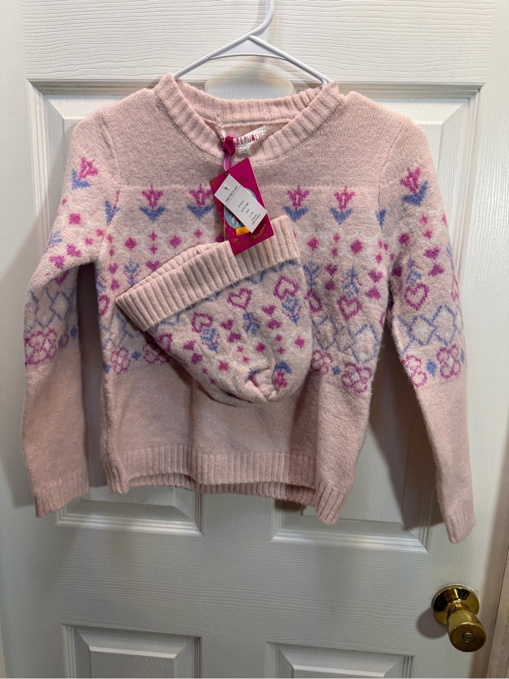 Pink Republic Pink Fair Isle Knit Sweater with Matching Beanie